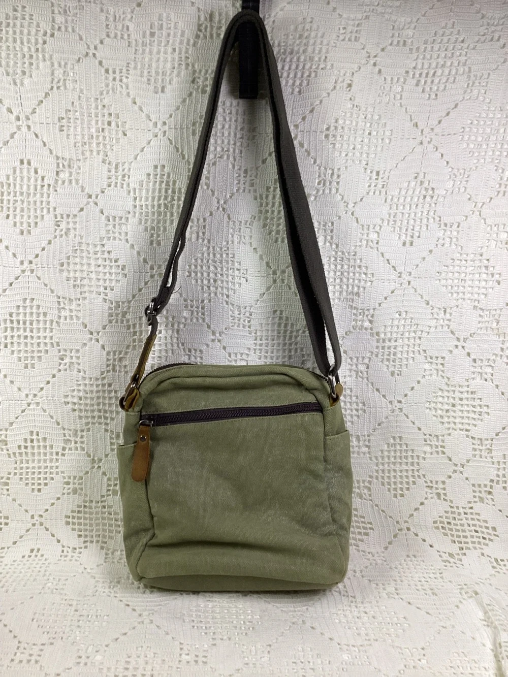 Drift stone Olive Green Canvas Crossbody Bag with Multicolor Zigzag Accent